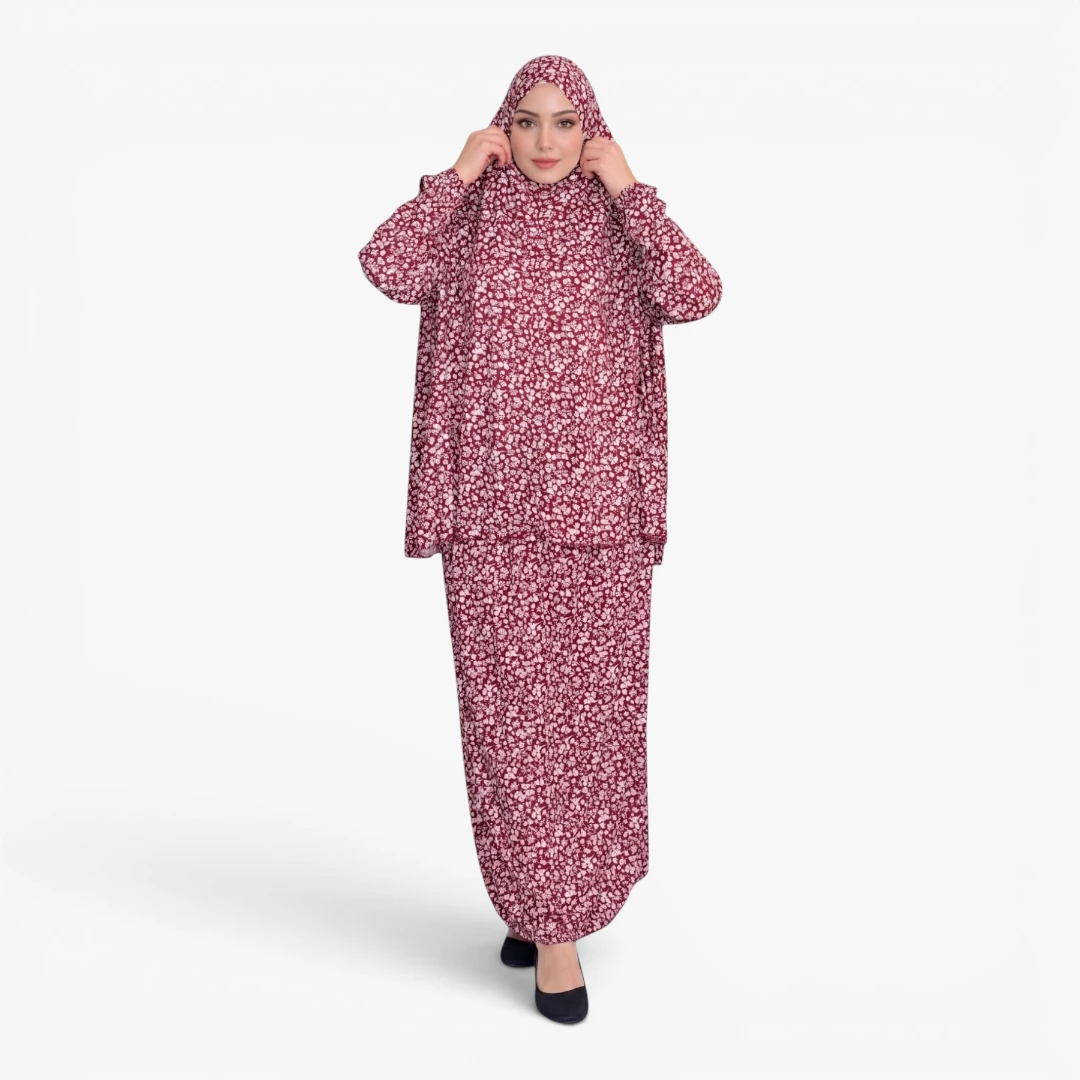 [P10240-Bordo] Two Piece Prayer Dress Soft Jersey Floral Pattern Comfortable Practical Attached Hijab Burgundy