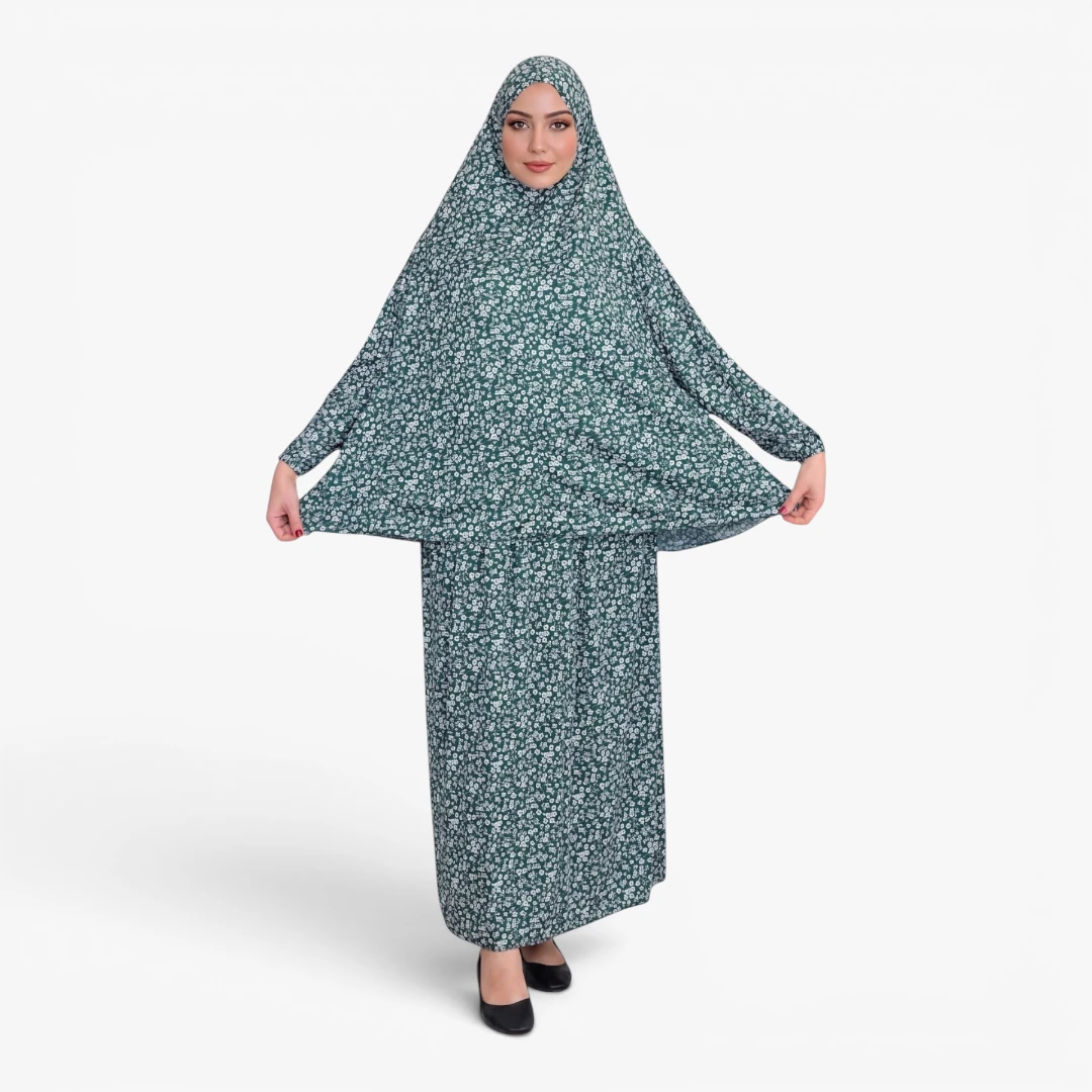 [P10240-Yeşil] Two Piece Prayer Dress Soft Jersey Floral Pattern Comfortable Practical Attached Hijab Green