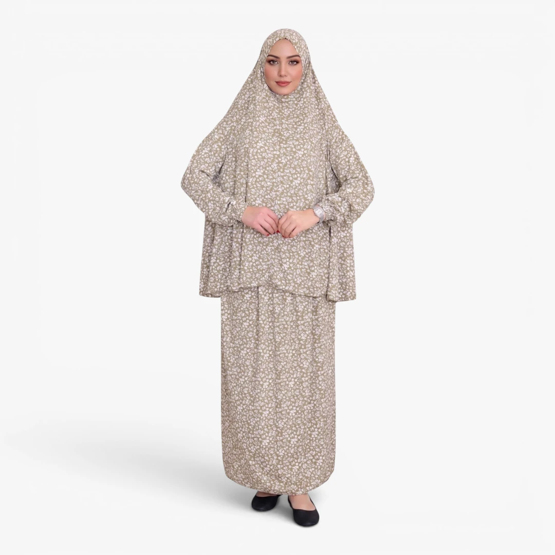 [P10240-Haki] Two Piece Prayer Dress Soft Jersey Floral Pattern Comfortable Practical Attached Hijab Khaki