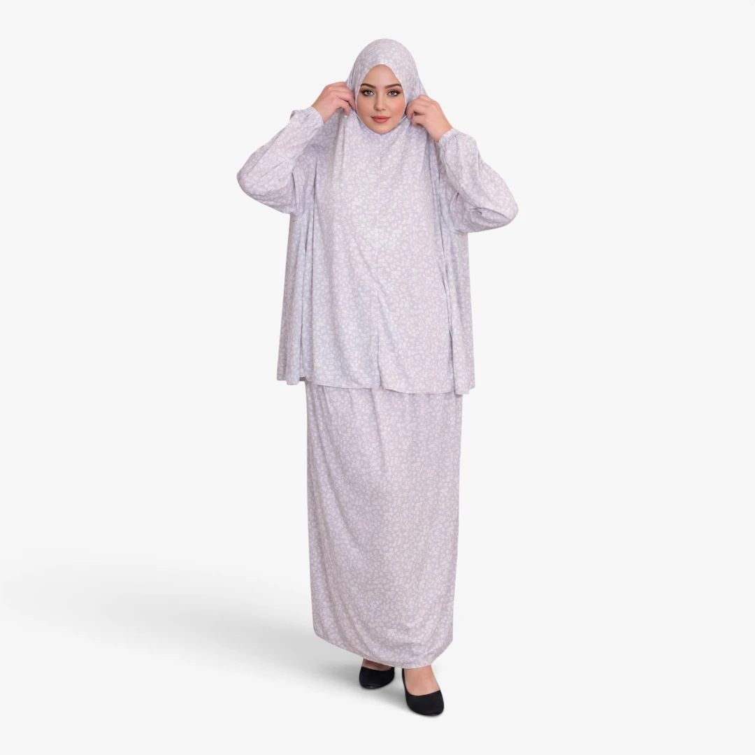 [P10240-Gri] Two Piece Prayer Dress Soft Jersey Floral Pattern Comfortable Practical Attached Hijab Light Silver