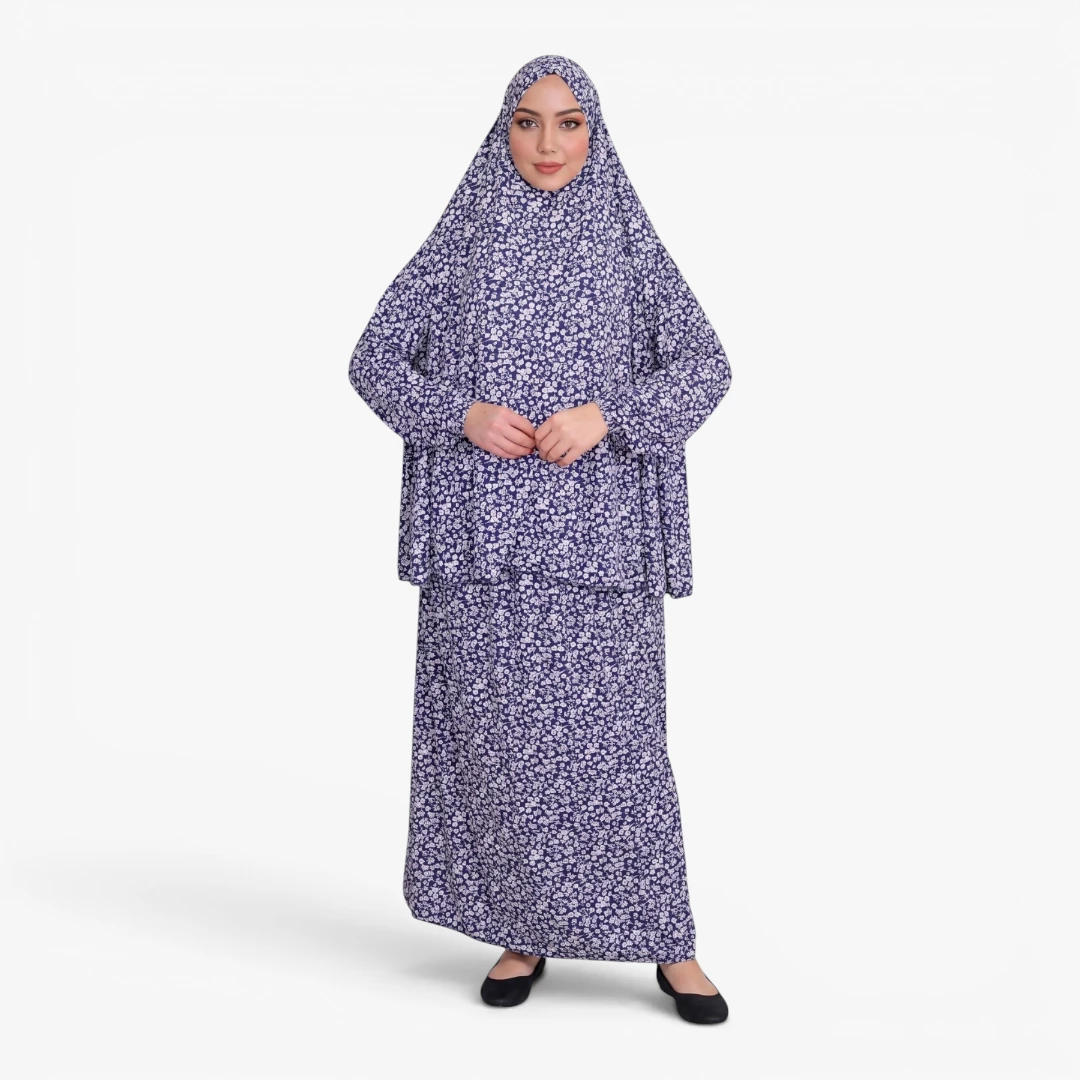 [P10240-Lacivert] Two Piece Prayer Dress Soft Jersey Floral Pattern Comfortable Practical Attached Hijab Navy Blue