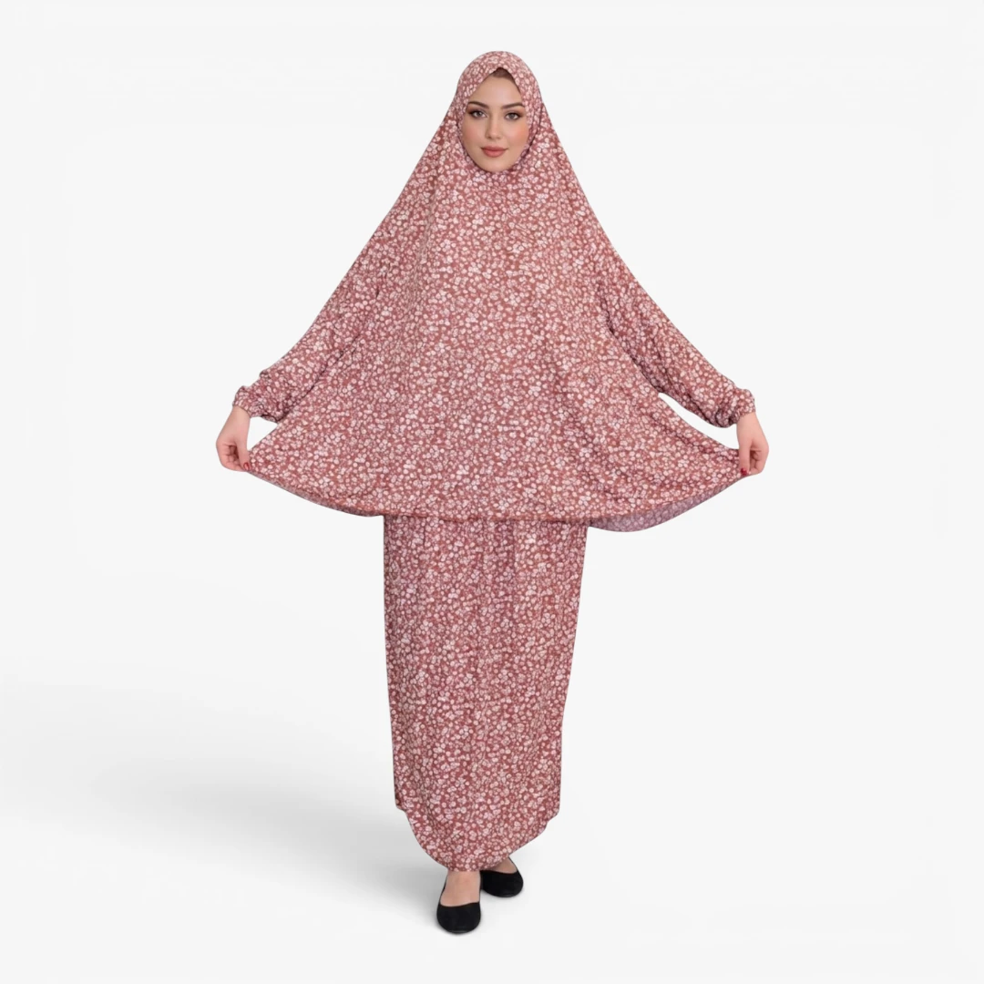 [P10240-Turuncu] Two Piece Prayer Dress Soft Jersey Floral Pattern Comfortable Practical Attached Hijab Orange