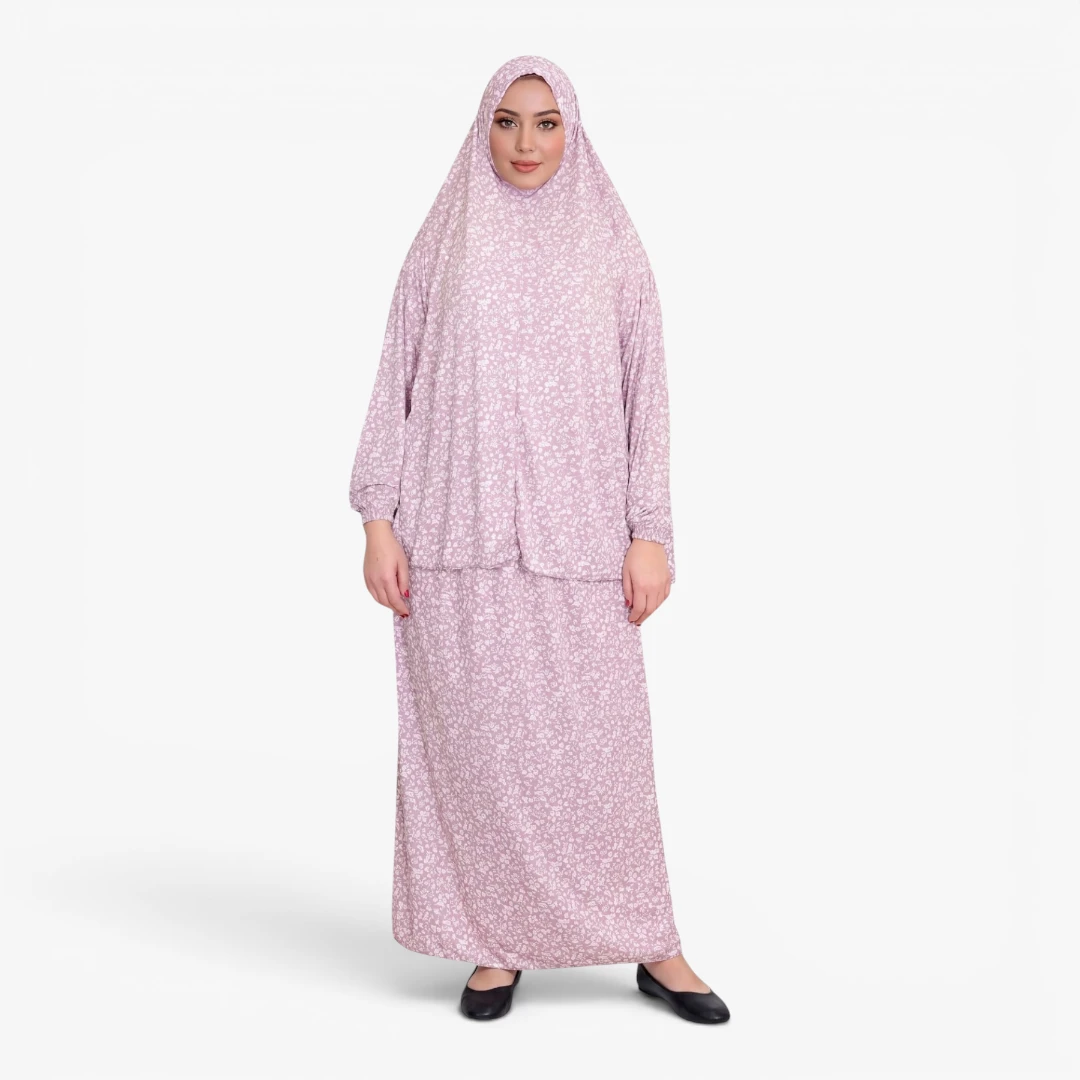 [P10240-Pembe] Two Piece Prayer Dress Soft Jersey Floral Pattern Comfortable Practical Attached Hijab Pink