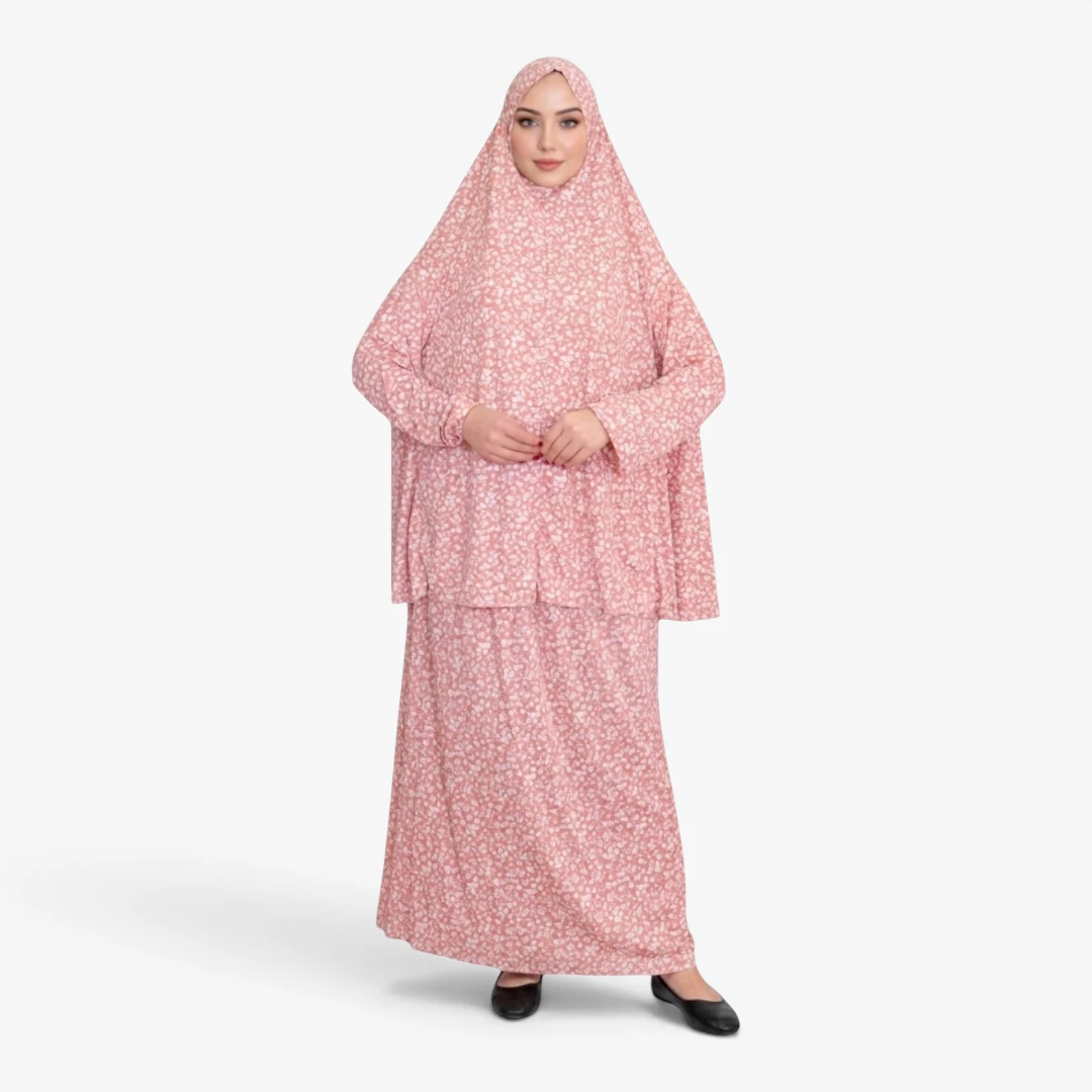 [P10240-Açık gül kurusu] Two Piece Prayer Dress Soft Jersey Floral Pattern Comfortable Practical Attached Hijab Pink